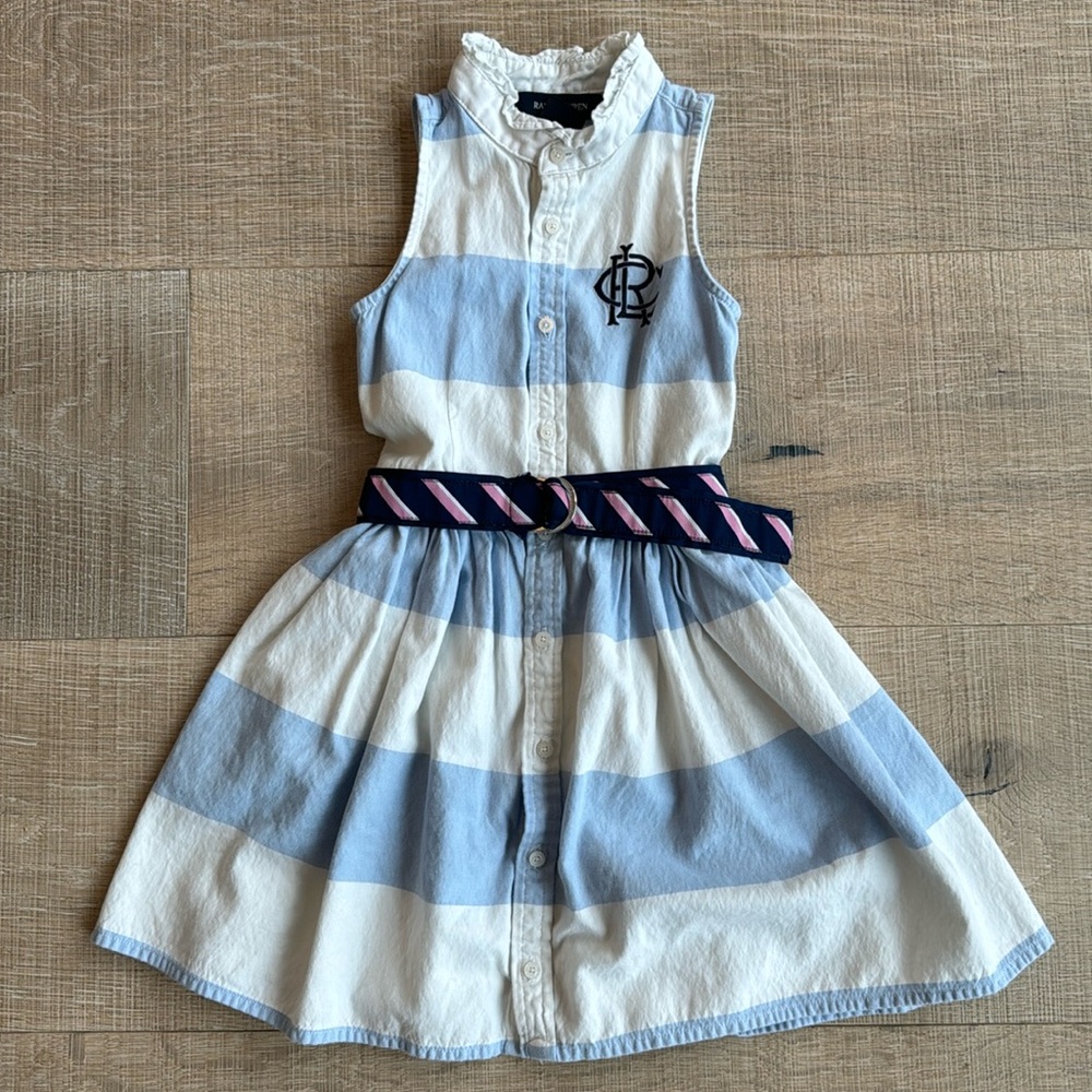 Ralph Lauren Blue and White Striped Sleeveless Dress with Navy Belt